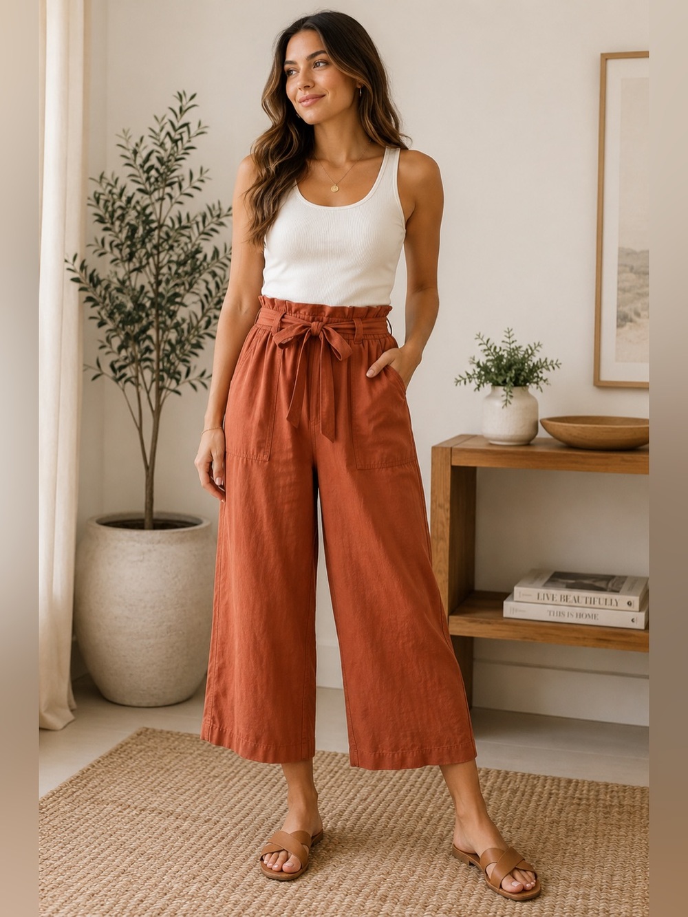 Ann Taylor Rust Lyocell Paperbag Wide Leg Crop Pants XS Tie Waist